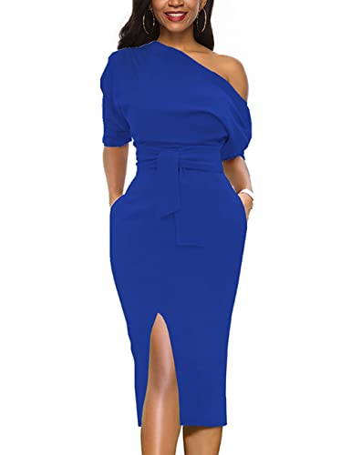 LILYIN Klassisches schulterfreies Damen-Bleistiftkleid mit kurzen Ärmeln, mit Gürtel, Seitenschlitz, Midi-Bleistiftkleid mit Taschen, Königsblau, XX-Large von LILYIN