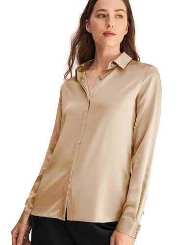 LilySilk Damen Hemd Bluse Seide Sommerliche Damenbluse Shirt Langarm von 22 Momme Vintage Oberteile (L, Kamel Farbe) Verpackung MEHRWEG von LilySilk