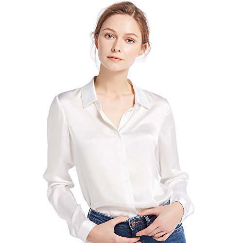 LilySilk Damen Hemdbluse Seide Sommerliche Damenbluse Shirt mit verdeckter Knopfleiste von Vintage Oberteile (Brillantweiß, L) Verpackung MEHRWEG von LilySilk