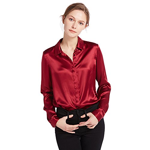 LilySilk Damen Hemdbluse Seide Sommerliche Damenbluse Shirt mit verdeckter Knopfleiste von 22 Momme (Weinrot, S) Verpackung MEHRWEG von LilySilk