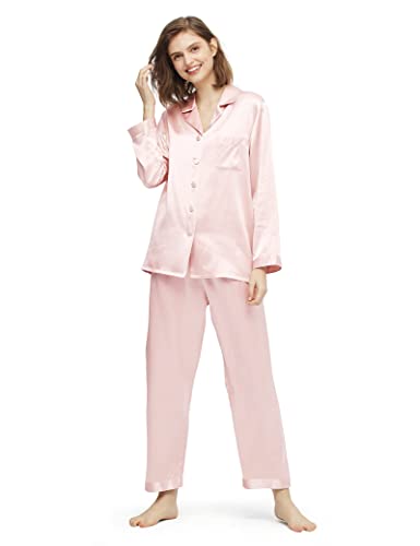 LILYSILK Elegante Seide Nachtwäsche Damen Langarm Pyjama Langarm Hausanzug Weihnachts-Pyjama-Set Verpackung MEHRWEG(Hell Rosa,L) von LilySilk