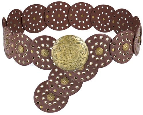 LIMHOO Breite Scheibengürtel für Damen Leder Aushöhlen Runde Gürtel Boho Western Taille Gürtel (A Braun X-Large) von LIMHOO