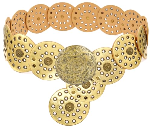 LIMHOO Breite Scheibengürtel für Damen Leder Aushöhlen Runde Gürtel Boho Western Taille Gürtel (A Kupfer Gold Groß) von LIMHOO
