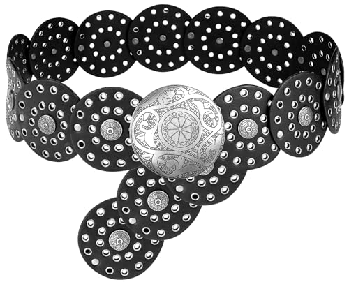 LIMHOO Breite Scheibengürtel für Damen Leder Aushöhlen Runde Gürtel Boho Western Taille Gürtel (A Silber Schwarz Mittel) von LIMHOO