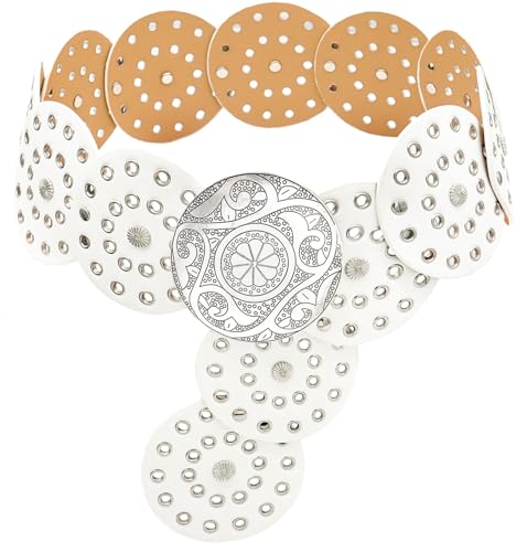 LIMHOO Breite Scheibengürtel für Damen Leder Aushöhlen Runde Gürtel Boho Western Taille Gürtel (B Weiß Mittel) von LIMHOO