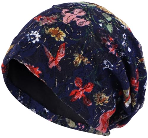 LIMHOO Damen-Spitzen-Chemo Beanie Hut Weicher Turban-Kopfschmuck für Krebspatienten Haarausfall Alopecia (Dunkelblau) von LIMHOO