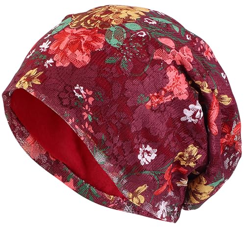 LIMHOO Damen-Spitzen-Chemo Beanie Hut Weicher Turban-Kopfschmuck für Krebspatienten Haarausfall Alopecia (Rot) von LIMHOO
