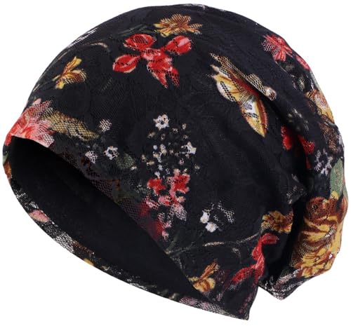 LIMHOO Damen-Spitzen-Chemo Beanie Hut Weicher Turban-Kopfschmuck für Krebspatienten Haarausfall Alopecia (Schwarz) von LIMHOO