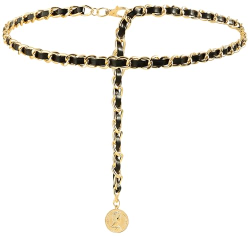 LIMHOO Leder Kette Gürtel für Damen Metall Taillenkettengürtel Verstellbare Taille Kette für Kleid Weste Jeans (Gold Schwarz 1 Klein) von LIMHOO