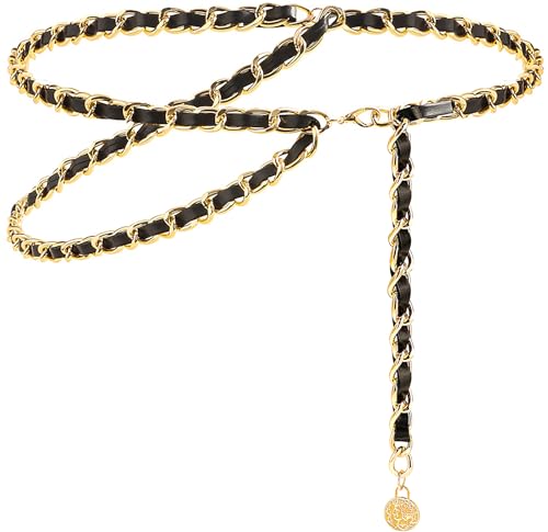 LIMHOO Leder Kette Gürtel für Damen Metall Taillenkettengürtel Verstellbare Taille Kette für Kleid Weste Jeans (Gold Schwarz 2 Groß) von LIMHOO