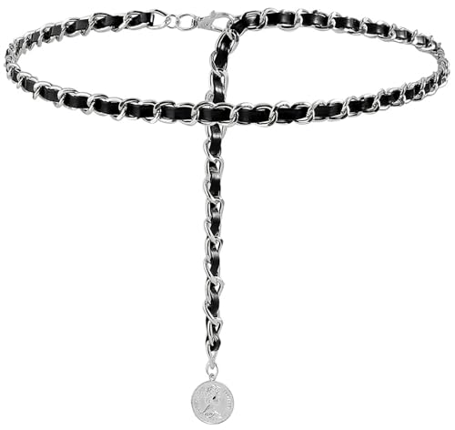 LIMHOO Leder Kette Gürtel für Damen Metall Taillenkettengürtel Verstellbare Taille Kette für Kleid Weste Jeans (Silber Schwarz 1 Groß) von LIMHOO