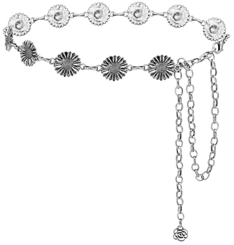 LIMHOO Western Cowgirl Gürtel für Damen Concho Metall Gürtel Kette für Kette Verstellbar (Blume Silber Groß) von LIMHOO