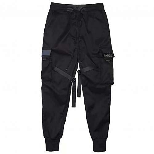 Frauen Black Cargo Pants Hip Hop Cargo Pants Männer Multi Pockets Straps Knöchelgebunden Mens Streetwear Kordelzug Lange Hose Kleidung weiblich-Schwarz_4XL von LIMILI