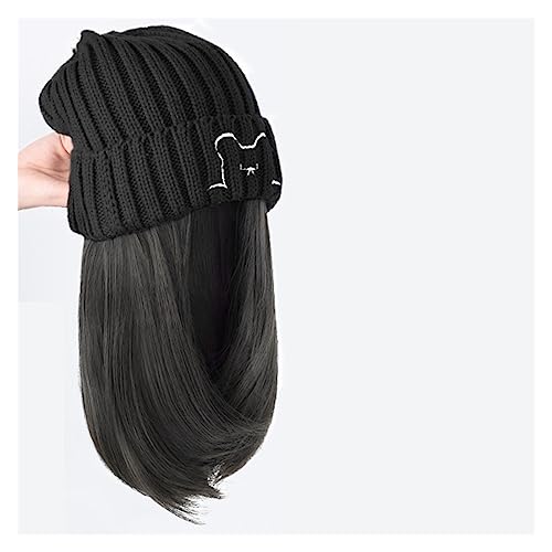 Damenperücke Mit Hut Beanie-Mütze, synthetische kurze Perückenmütze mit Haarverlängerung, natürliche Haarfarbe, schwarzbraune Perücken for Frauen Mütze Mit Befestigten Haaren für Damen (Color : 161 2 von LIMKOO