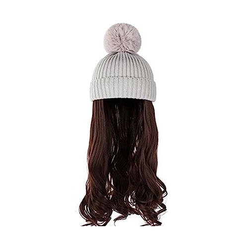 Damenperücke Mit Hut Damenmode lange lockige Welle Hut Perücke Herbst und Winter abnehmbare schwarz braun grau Perücke mit Hut Mütze Mit Befestigten Haaren für Damen (Color : 21) von LIMKOO