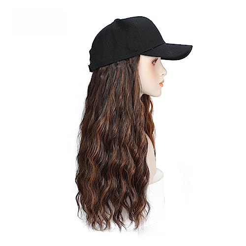 Damenperücke Mit Hut Lange gewellte synthetische Perücke, Baseballkappe mit Haarverlängerungen, Hutperücken, braun, natürlich, schwarz, Verbindungsperücke, verstellbar, for Frauen und Mädchen Mütze Mi von LIMKOO