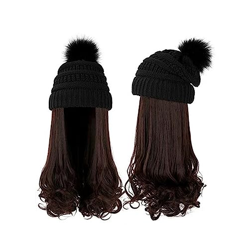 Damenperücke Mit Hut Mütze, langes gewelltes lockiges Haar, synthetische Perücke for Damen, Winter, warm, abnehmbare Strickmütze, 55,9 cm, goldbraune Perücke Mütze Mit Befestigten Haaren für Damen (C von LIMKOO