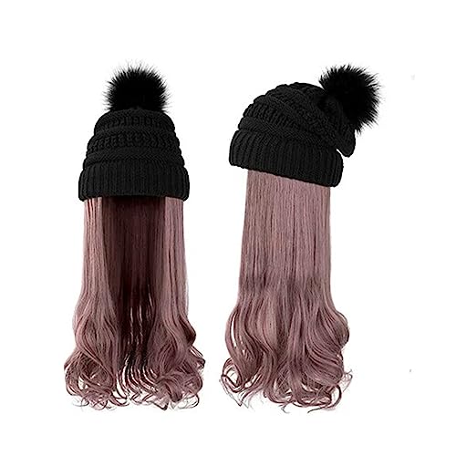 Damenperücke Mit Hut Mütze, langes gewelltes lockiges Haar, synthetische Perücke for Damen, Winter, warm, abnehmbare Strickmütze, 55,9 cm, goldbraune Perücke Mütze Mit Befestigten Haaren für Damen (C von LIMKOO