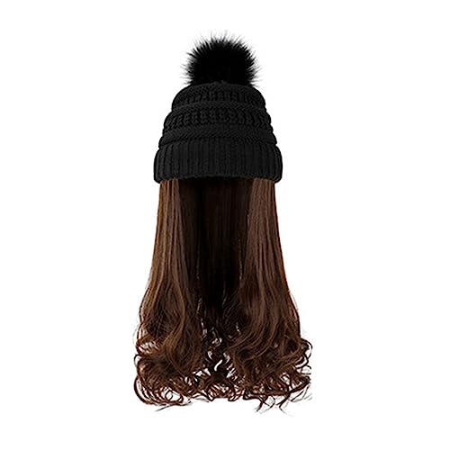 Damenperücke Mit Hut Mütze, langes gewelltes lockiges Haar, synthetische Perücke for Damen, Winter, warm, abnehmbare Strickmütze, 55,9 cm, goldbraune Perücke Mütze Mit Befestigten Haaren für Damen (C von LIMKOO