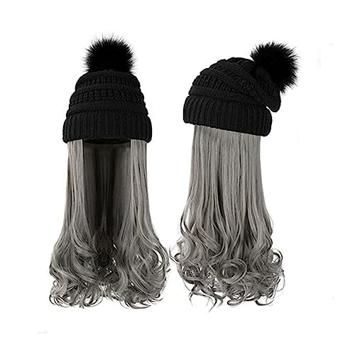 Damenperücke Mit Hut Mütze, langes gewelltes lockiges Haar, synthetische Perücke for Damen, Winter, warm, abnehmbare Strickmütze, 55,9 cm, goldbraune Perücke Mütze Mit Befestigten Haaren für Damen (C von LIMKOO