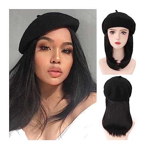 Damenperücke Mit Hut Perücke Damen Hut Perücke kurze gerade synthetische Perücke schwarze Haarverlängerungen 16 Zoll glattes Haar for Damen Mütze Mit Befestigten Haaren für Damen (Color : 4) von LIMKOO