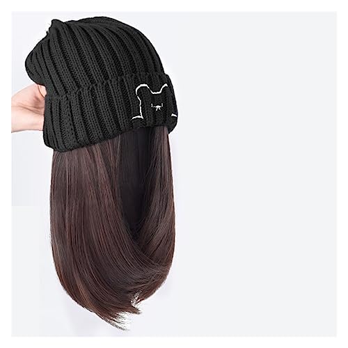 Hut Mit Befestigten Haaren für Damen Beanie-Mütze, synthetische kurze Perückenmütze mit Haarverlängerung, natürliche Haarfarbe, schwarzbraune Perücken for Frauen Hutperücke (Color : 161 2 33) von LIMKOO