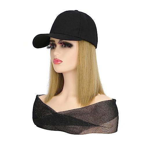 Hut Mit Befestigten Haaren für Damen Frauen Schwarz/Braun Eimer Hüte Mit Haar Hut Perücke Mit Glattem Haar Synthetische Baseball Kappe Haar Perücken Einstellbar for mädchen Hutperücke (Color : 1) von LIMKOO