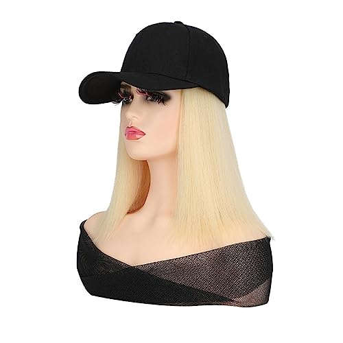 Hut Mit Befestigten Haaren für Damen Kurze gerade Baseball-Perücke, synthetische natürliche Bob-Perücke, schwarzer Hut, Perückenkappe mit Haarverbindung, verstellbare Baseballkappe Hutperücke (Color von LIMKOO