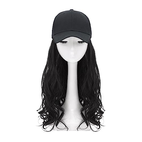 Hut Mit Befestigten Haaren für Damen Lange gewellte synthetische Baseball-Cap-Haar-Perücke, synthetische Hut-Perücke, verstellbar for Mädchen, natürliche schwarze braune Farbe, Kappen-Haarverlängerung von LIMKOO