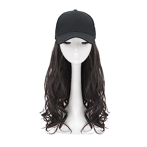 Hut Mit Befestigten Haaren für Damen Lange gewellte synthetische Baseball-Cap-Haar-Perücke, synthetische Hut-Perücke, verstellbar for Mädchen, natürliche schwarze braune Farbe, Kappen-Haarverlängerung von LIMKOO