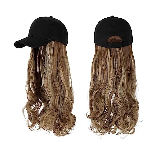 Hut Mit Befestigten Haaren für Damen Lange gewellte synthetische Perücke, Baseballkappe mit Haarverlängerungen, Hutperücken, natürliche Verbindungsperücke, verstellbar for Frauen Hutperücke (Color : von LIMKOO