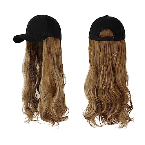 Hut Mit Befestigten Haaren für Damen Lange gewellte synthetische Perücke, Baseballkappe mit Haarverlängerungen, Hutperücken, natürliche Verbindungsperücke, verstellbar for Frauen Hutperücke (Color : von LIMKOO