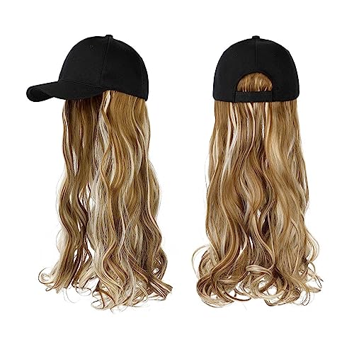 Hut Mit Befestigten Haaren für Damen Lange gewellte synthetische Perücke, Baseballkappe mit Haarverlängerungen, Hutperücken, natürliche Verbindungsperücke, verstellbar for Frauen Hutperücke (Color : von LIMKOO