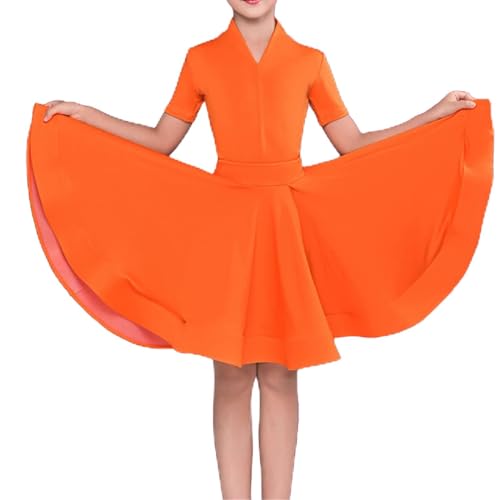 Mädchen-Latein-Tanzkleid Mit Integrierten Shorts, Tanzkleidung Für Kinder-Big-Swing-Wettbewerbe, Für Mädchen-Ballsaal-Samba-Tango-Cha-Cha-Bühnenfestival-Rennen,12Years,Orange von LIMKOO