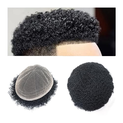 Perücken für Männer Afro-Toupet for schwarze Männer, 20,3 x 25,4 cm, komplett mit französischer Spitze, Haarteile, Echthaar-Ersatz, 15,2 cm, natürliches schwarzes Afro-Kinky-Curly, 8 mm gewelltes Herr von LIMKOO