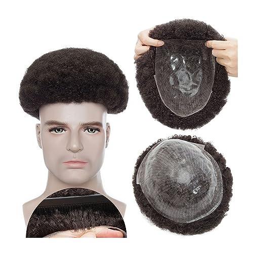 Perücken für Männer Afro-Toupet for schwarze Männer, 6 mm Afro Kinky Curl Herren-Haarteil, Perücke, 20,3 x 25,4 cm, Voll-PU-Basis, V-Schlaufe, männliche Haarprothesen, 130% Dichte, echtes menschliche von LIMKOO