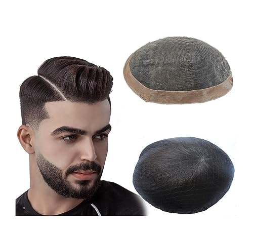 Perücken für Männer Herren-Toupet, feines Mono-Oberteil und Poly-Beschichtung um Herren-Haarteil, 15,2 cm, Echthaar-System, männliche Haarprothese, 1B# natürliche schwarze Haareinheiten Toupet (Color von LIMKOO