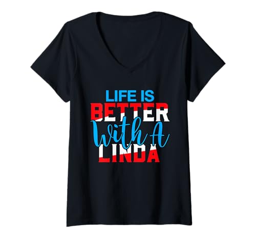 Damen Das Leben ist Besser mit einem Linda-T-Shirt namens Linda T-Shirt mit V-Ausschnitt von LINDA Designs By AKOKAY