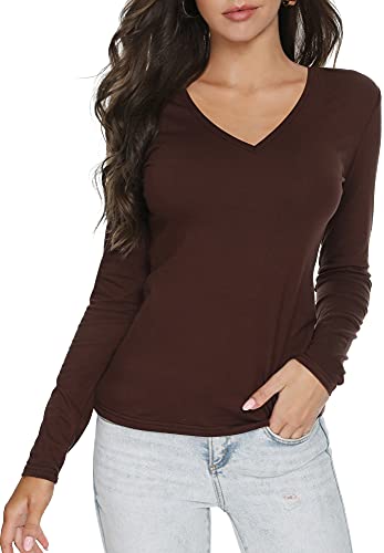 LINDLOOK Damen Slim Fitted V-Ausschnitt Langarm T-Shirt Basic Weiche Baumwolle Tops - Braun - X-Groß von LINDLOOK