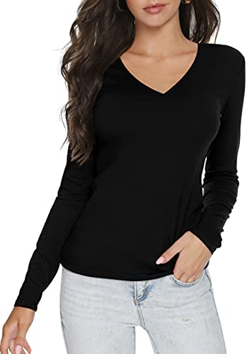 LINDLOOK Damen Slim Fitted V-Ausschnitt Langarm T-Shirt Basic Weiche Baumwolle Tops - Schwarz - X-Groß von LINDLOOK