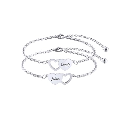 LINEMENG Customized 2-3 Stück Herz Armbänder Gravur Beste Freundschaft Armband Set Edelstahl personalisierte Namen für Schwestern Frauen Hochzeit Brautjungfer von LINEMENG