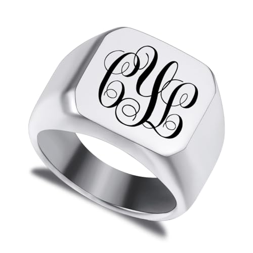 LINEMENG Personalisierte Edelstahl Siegelring benutzerdefinierte Anfangsbuchstaben Monogramm Gravur Worte für Männer Frauen Bester Freund Hochzeit Brief mit Ring Größe Adjusters von LINEMENG