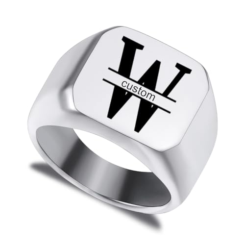 LINEMENG Personalisierte Edelstahl Siegelring benutzerdefinierte Anfangsbuchstaben Monogramm Gravur Worte für Männer Frauen Bester Freund Hochzeit Brief mit Ring Größe Adjusters von LINEMENG