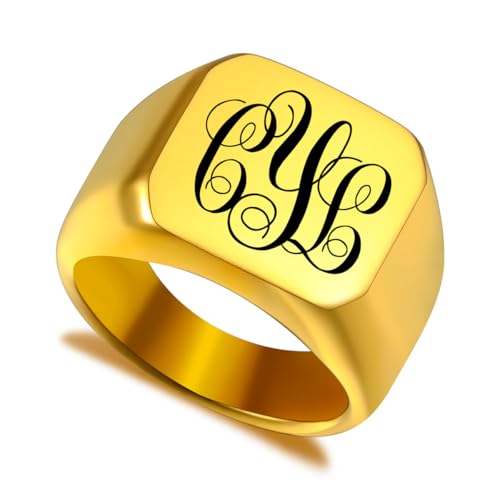LINEMENG Personalisierte Edelstahl Siegelring benutzerdefinierte Anfangsbuchstaben Monogramm Gravur Worte für Männer Frauen Bester Freund Hochzeit Brief mit Ring Größe Adjusters von LINEMENG