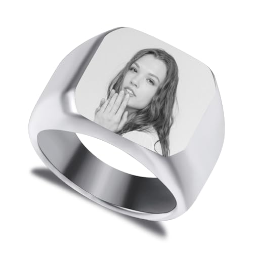 LINEMENG Personalisierte Edelstahl Siegelring benutzerdefinierte Bild Gravur Foto für Männer Frauen Bester Freund Memorial Geschenk Bild mit Ring Größe Adjusters von LINEMENG