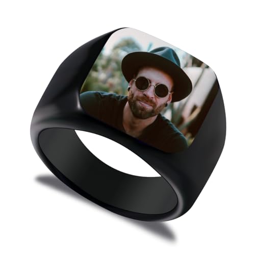 LINEMENG Personalisierte Edelstahl Siegelring benutzerdefinierte Bild Gravur Foto für Männer Frauen Bester Freund Memorial Geschenk Bild mit Ring Größe Adjusters von LINEMENG