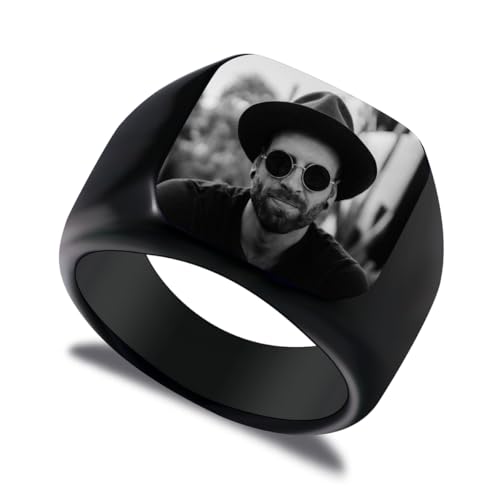 LINEMENG Personalisierte Edelstahl Siegelring benutzerdefinierte Bild Gravur Foto für Männer Frauen Bester Freund Memorial Geschenk Bild mit Ring Größe Adjusters von LINEMENG