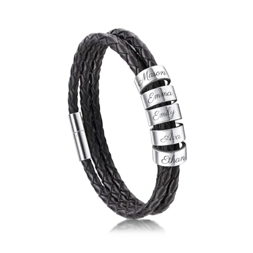 LINEMENG Personalisierte Lederband mit 1~5 Namen benutzerdefinierte Edelstahl-Perlen Manschette für Männer Frauen Vater Ehemann Gravur Identifikation ID Brautjungfer Bester Freund von LINEMENG