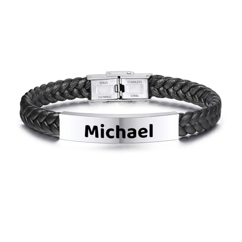 LINEMENG Personalisierter Name Echtes Lederarmband Personalisiert Verstellbar Für Frauen Männer Edelstahl Gravur Armbänder Geflochtene Manschette (Farbe Schwarz) von LINEMENG
