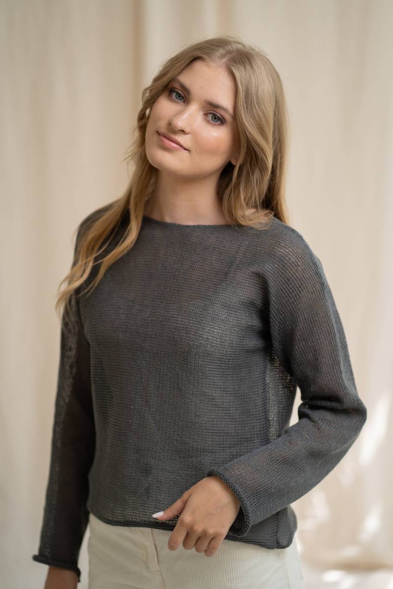 Fertig Gestrickter Leinen Pullover in Größe L | Dunkelgrauer Netz-Pullover Für Empfindliche Haut Vegan Langarm Strick Top Reines Naturleinen von LINENISLE